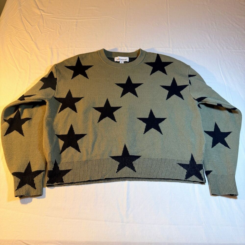 Urban Weekend S Pullover Sweater Womens Green Cotton Knit Star Cozy Fall